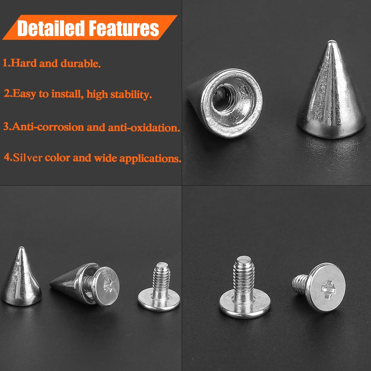 HELIFOUNER 200 Pieces 7mm x 9.5mm Silver Bullet Cone Spikes and Screw Back Studs