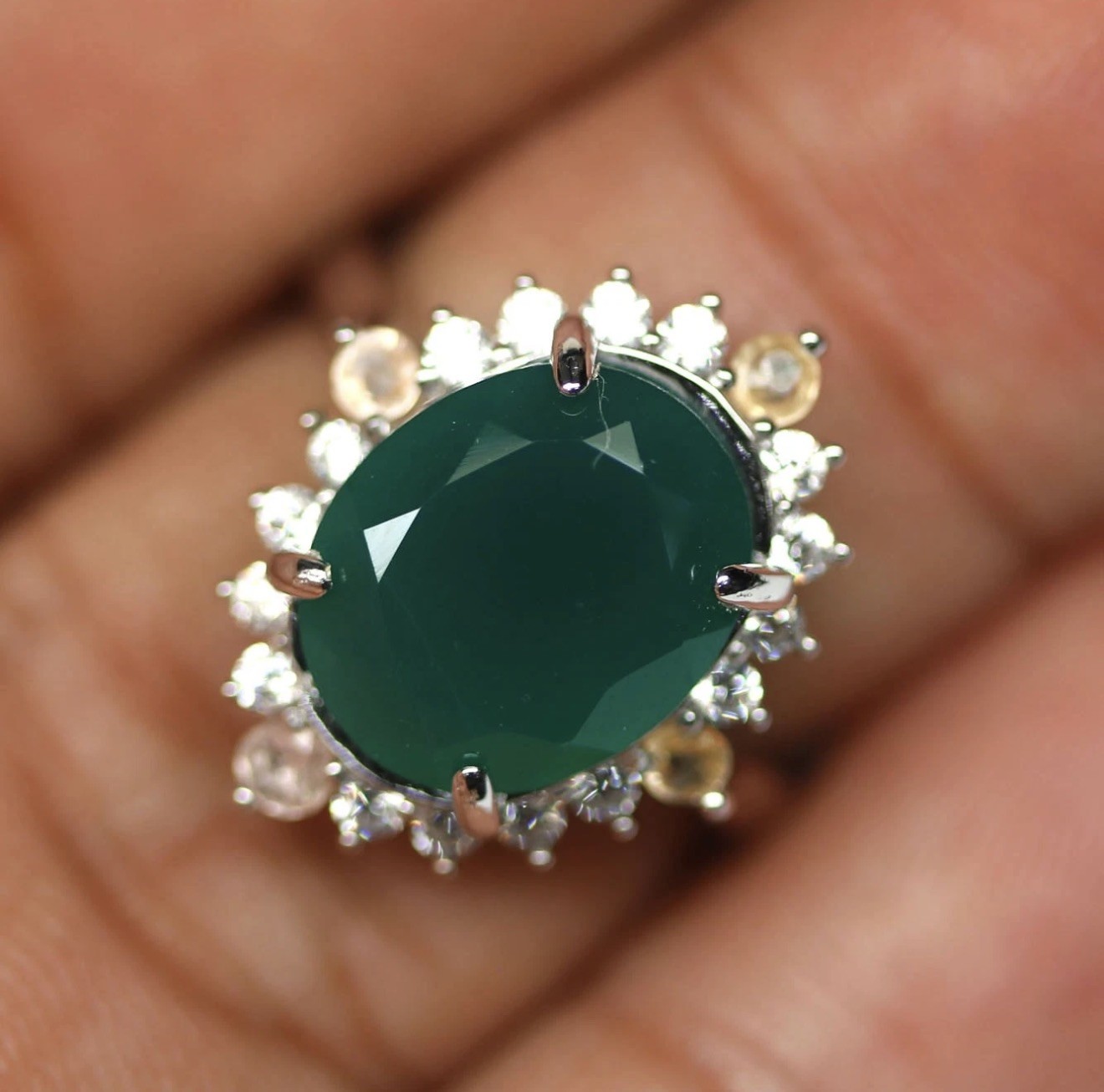 Stunning Natural Green Agate 4CT Sapphire & Zircon 925 Sterling Silver Ring Sz 6