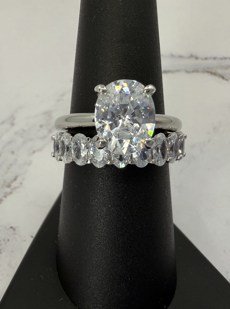 Diamonique 925 Sterling Silver CZ Oval Solitaire & Band Ring Set 5cttw Sz 8 Box