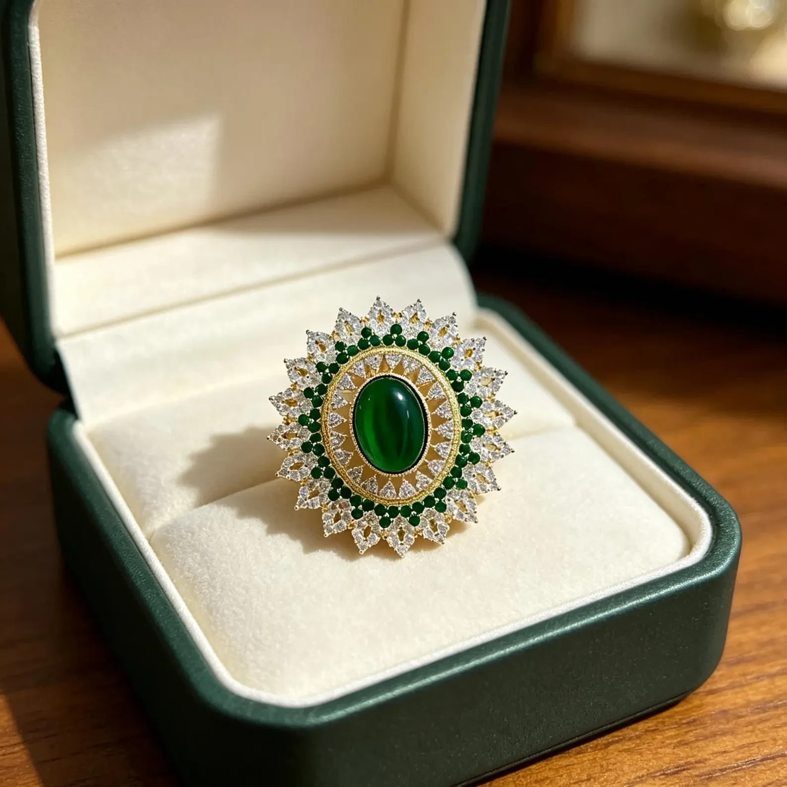 Crystal Halo Brooch Pin 3.00 Ct Oval Cut Simulated Emerald 14k White Gold Plated