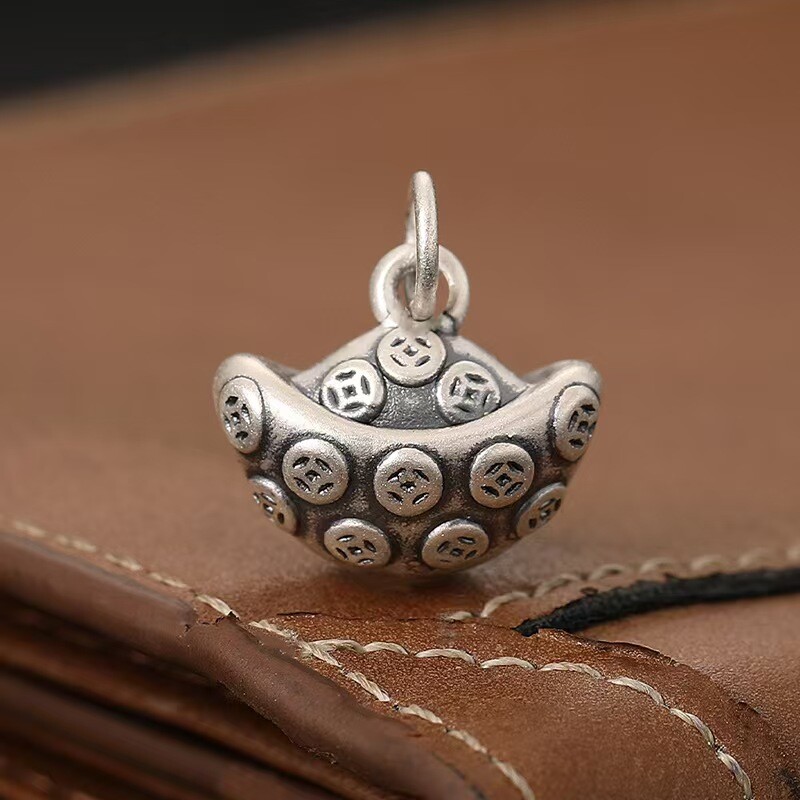 Pure S999 Fine Silver 999 Men Women Lucky Coin Yuanbao Pendant 1-2g 25*16mm