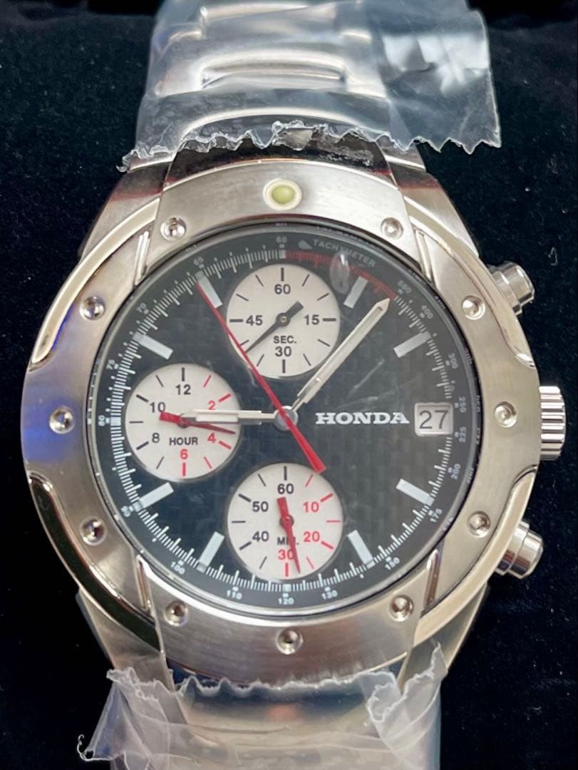 HONDA Racing Chronograph Mens Watch Black Dial Stainless Steel Battery Replaced