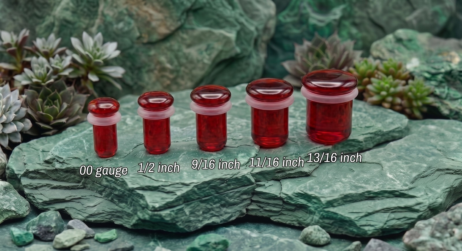 Pairs of Red Glass Single Flare Plugs with O Rings Sizes 8GA-13/16 Inch E610