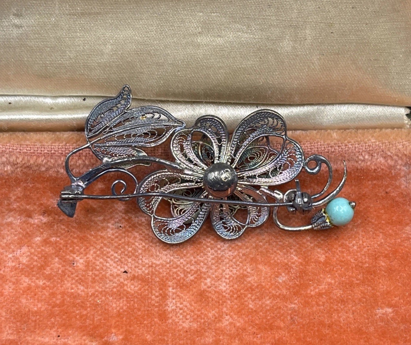 VTG Sterling Silver Filigree Flower Brooch. Signed Silver. Chinese Export? 5.46g