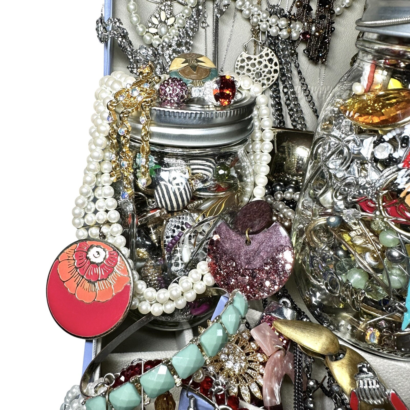1+Lb Full (1) Ball Mason Jar Mystery Lot All Wearable Jewelry GUC Necklaces Etc.