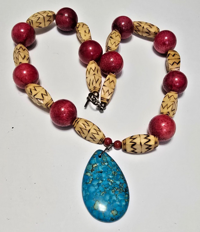 Artisan Handmade Turquoise Pendant Necklace Coral Wood Tribal Boho Southwest