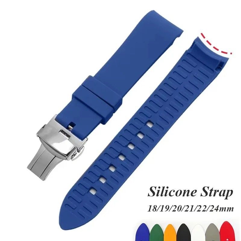 Curved End Silicone Bracelet Rubber Watch Band Strap Butterfly Clasp 18-24mm