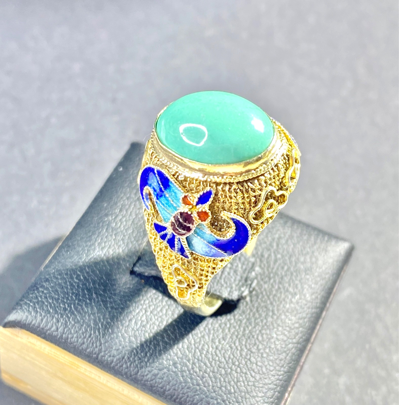 Vintage Chinese Export Silver Vermeil Turquoise & Enamel Adjustable Sized Ring