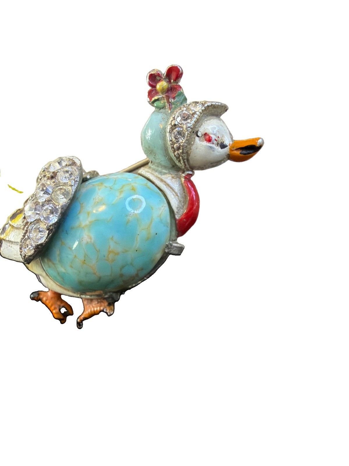 Vintage Coro Duck Broch Mottled Blue Glass ,Rhinestone Wings Enamel Feet 1 3/4