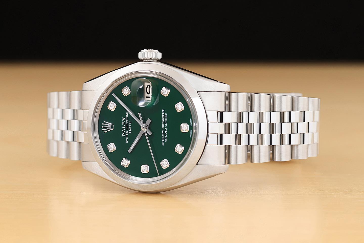 ROLEX OYSTER PERPETUAL DATE 1500 GREEN DIAMOND DIAL STAINLESS STEEL 34MM WATCH