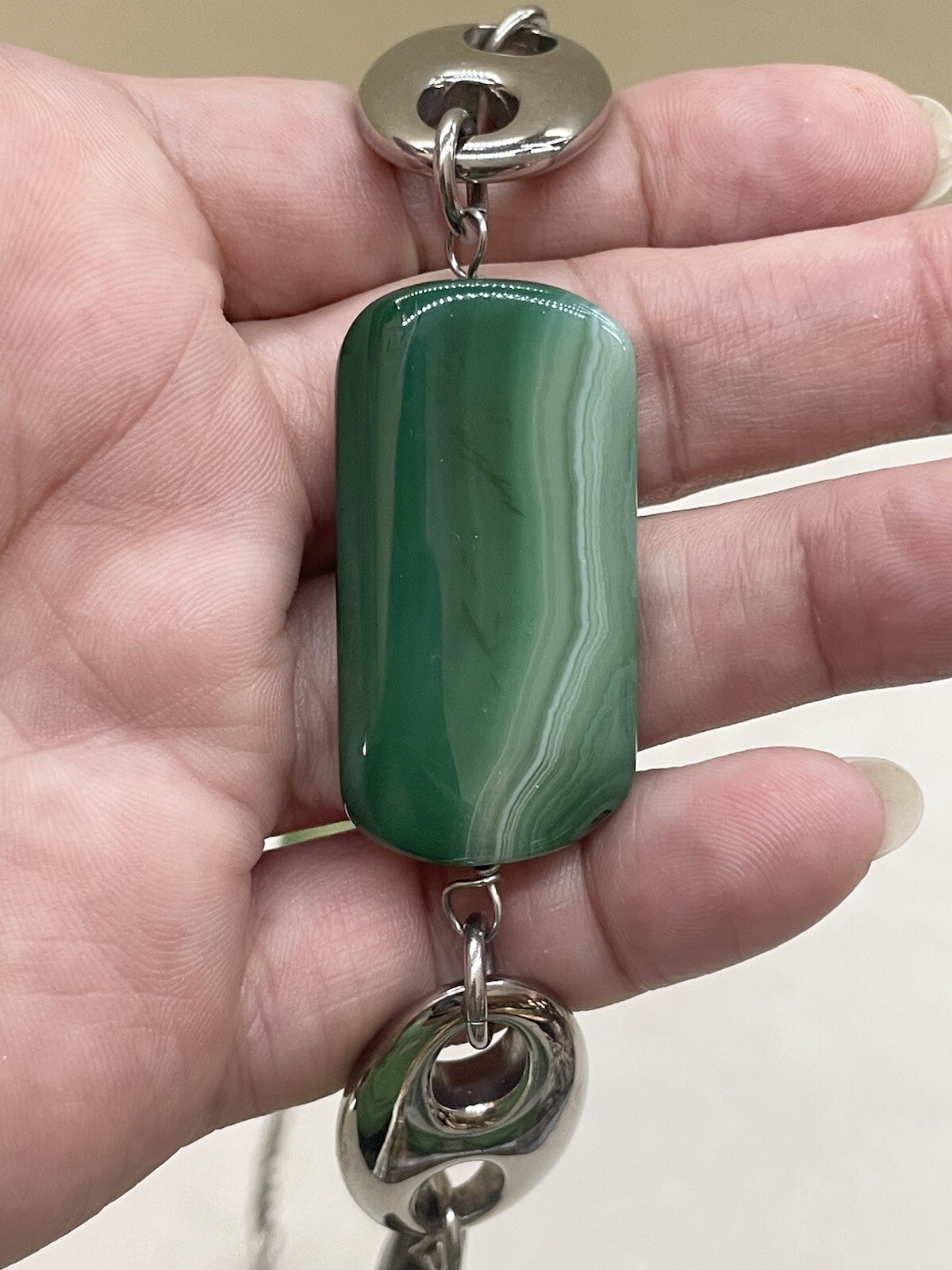 28″ Stainless Steel Green & Brown Stones Figaro Necklace W/ Artist’s Stamp