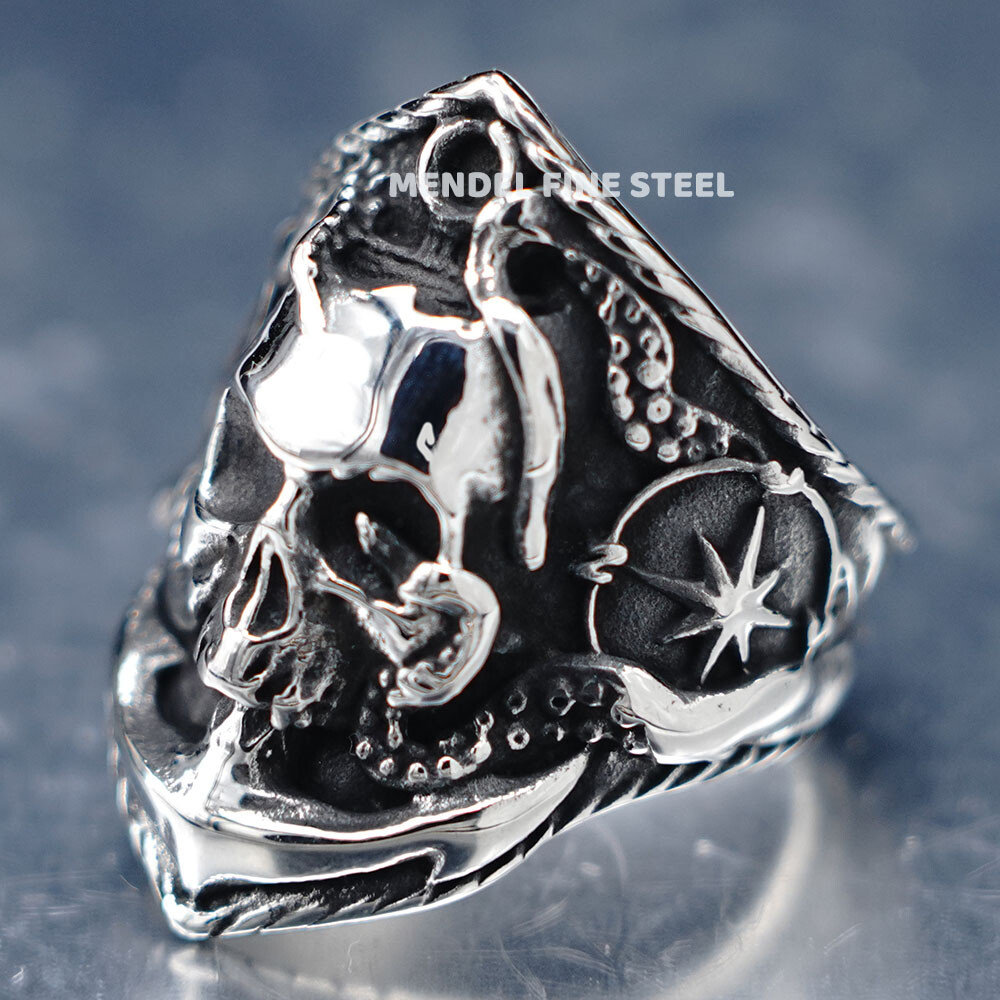 MENDEL Mens Stainless Steel Gothic Biker North Star Skull Octopus Ring Size 7-15