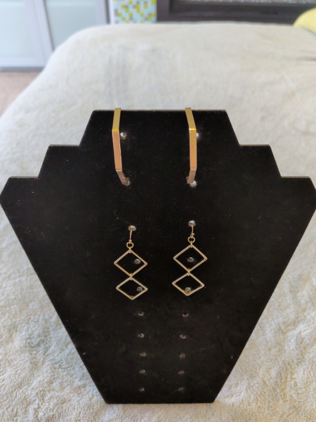 Set Of Two Earrings: Gold Hexagon Hoops & Gold Triangle Dangling