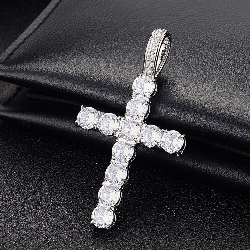 14k Gold Silver Plated Tennis Chain Choker ICED CZ Necklace with Cross Pendant