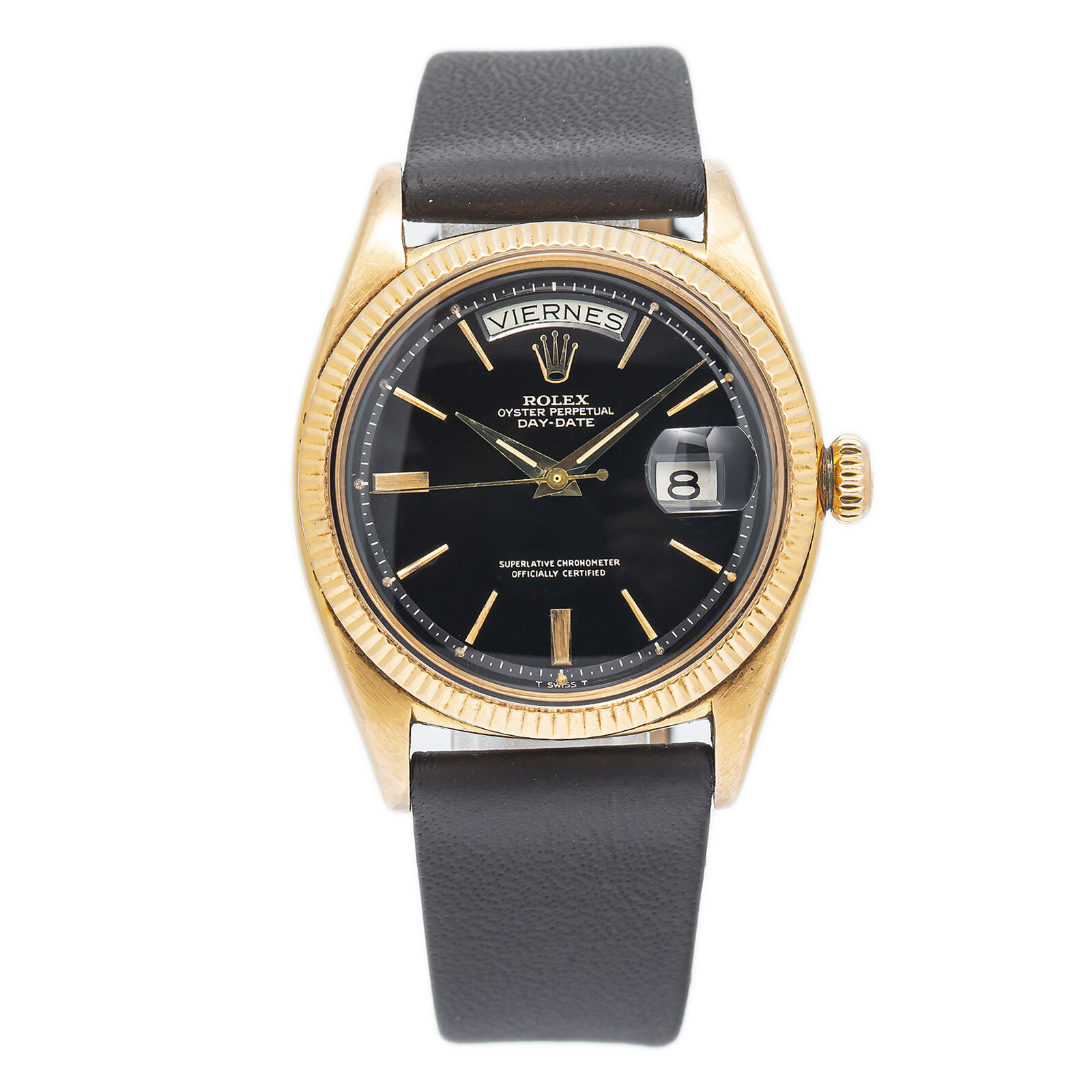 Rolex Day-Date 6611B 18K Rose Alpha Hands Black Gilt Step Dial Watch 36MM