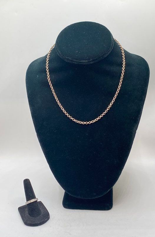 Sterling Silver 925 Jewelry Set Rolo Chain Necklace 16.75″ CZ Band Ring Size 5.5