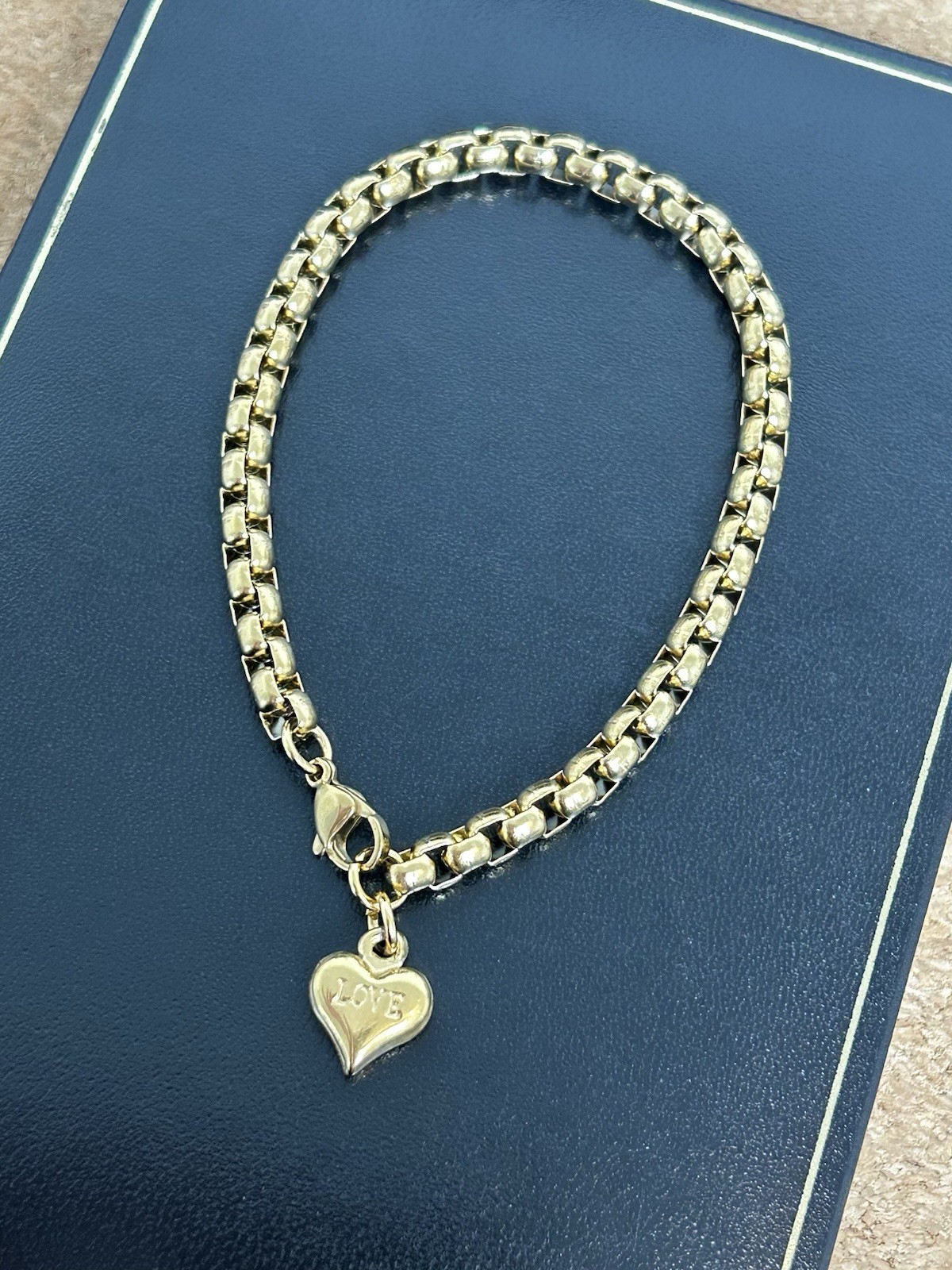 9ct GF Solid 20cm Heavy T-L Love Heart Belcher Bracelet Gold Filled