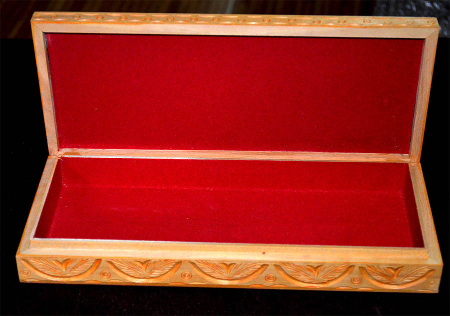 Designer carved wooden jewelry box with gem stone painting on top from India!
