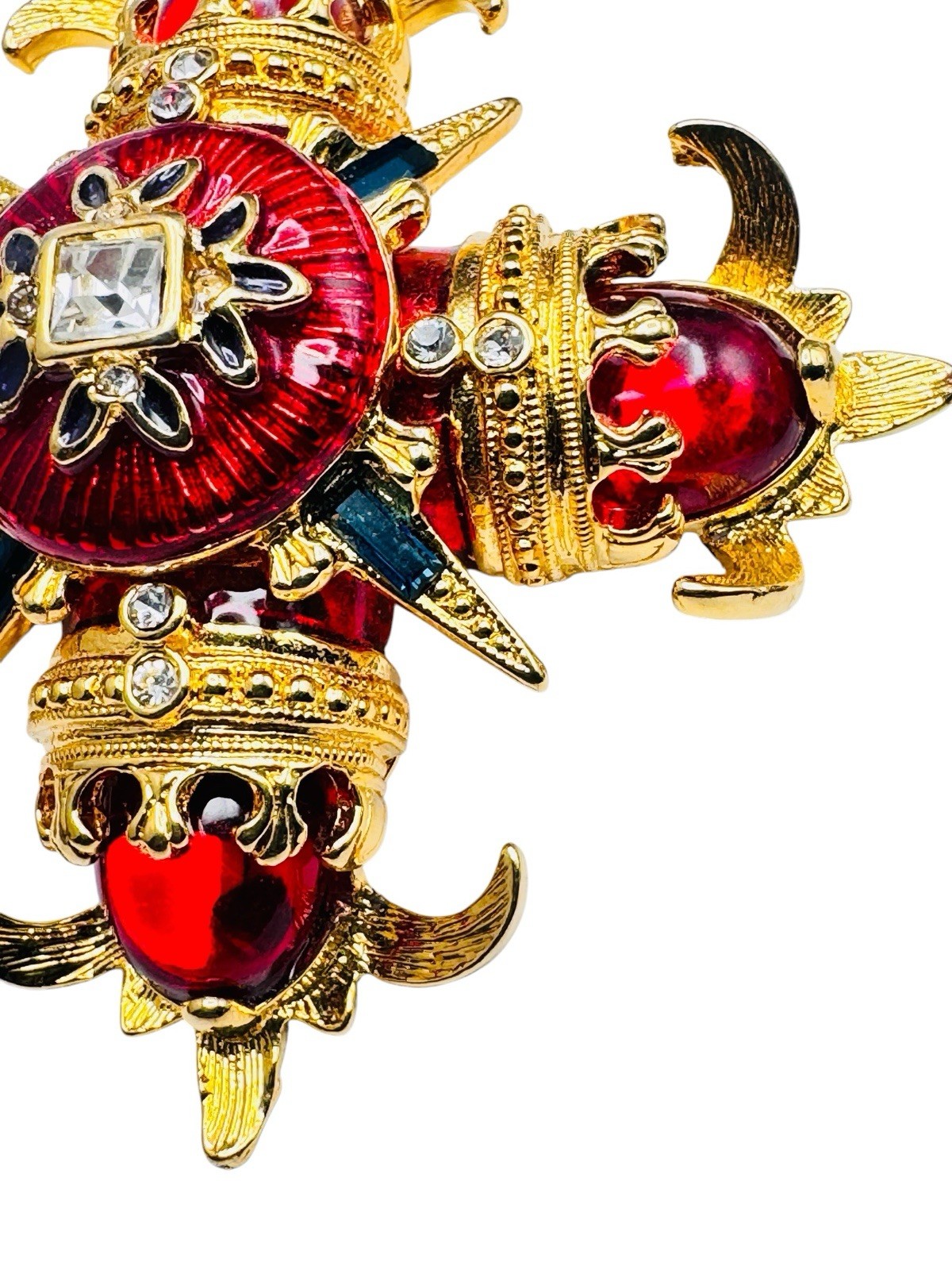 Vintage RJ Graziano Maltese Cross Red Enamel Brooch Pin Gold Tone Blue Baguettes