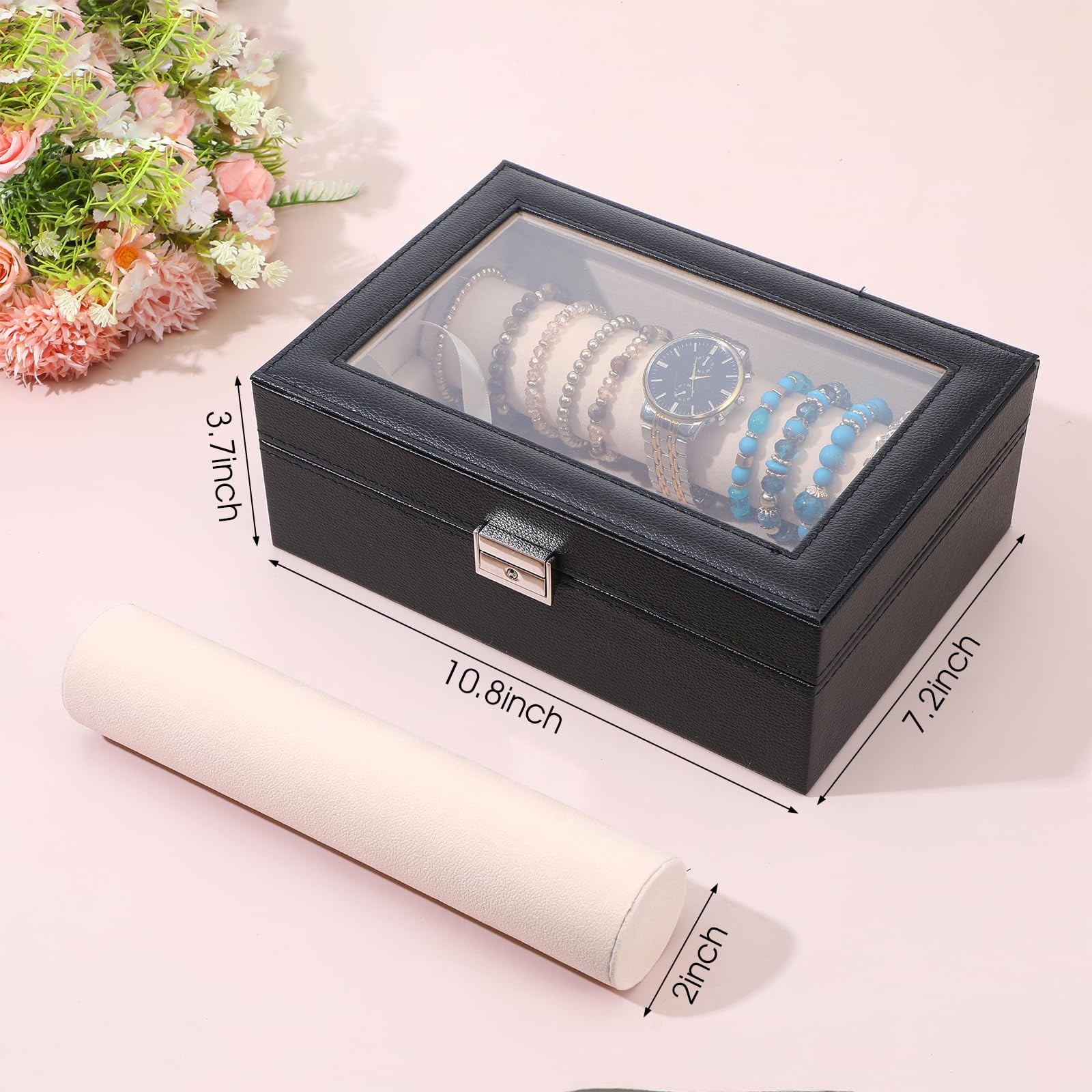 kenaeooe PU Leather Bracelet Holder with Lock, Jewelry 2 Rolls, Black