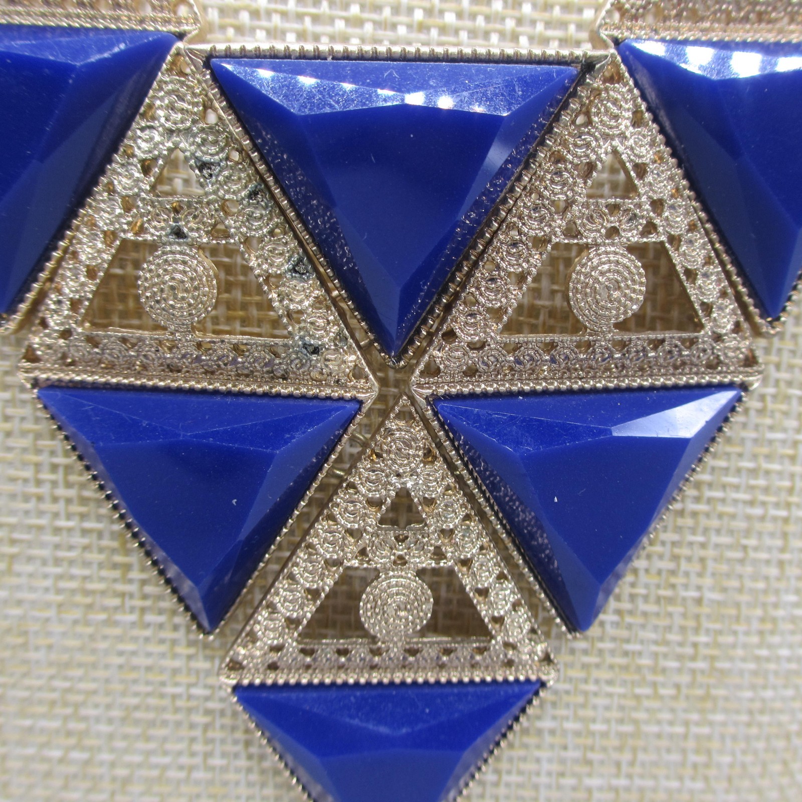 Statement Necklace Triangles Blue Gold Tone Filigree 22 Inch