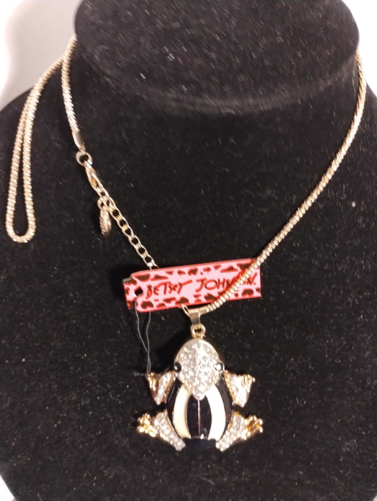 Betsey Johnson Large Black & Cream Enamel & Rhinestone Frog Shaped Necklace