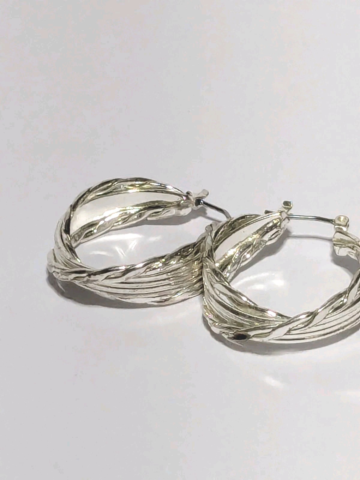Silver Tone Twisted Textured Hoop Push Lock Dangle Earrings 1″.