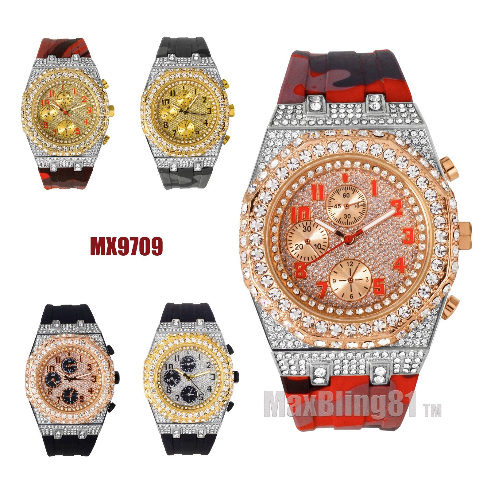 HIP HOP ICED SILICONE BAND LUXURY SIMULATED DIAMOND BLING WRIST FASHION WATCH