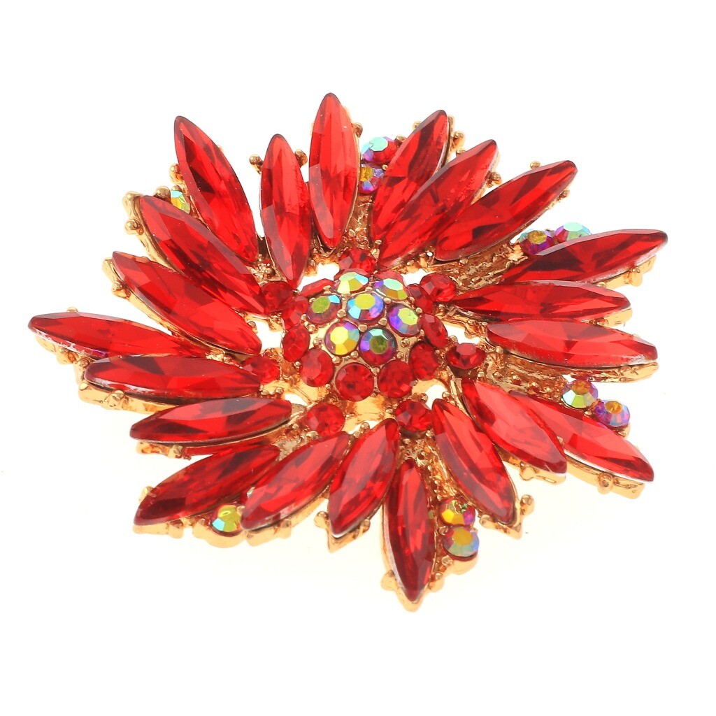 Gold Tone Metal Crystal Flower Brooch P1256-RED