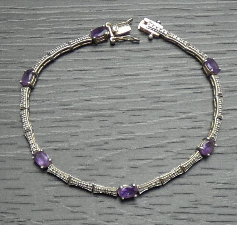 Sterling Silver Oval Purple Unique Bar Link Clasp Tennis Bracelet 7.5 inches