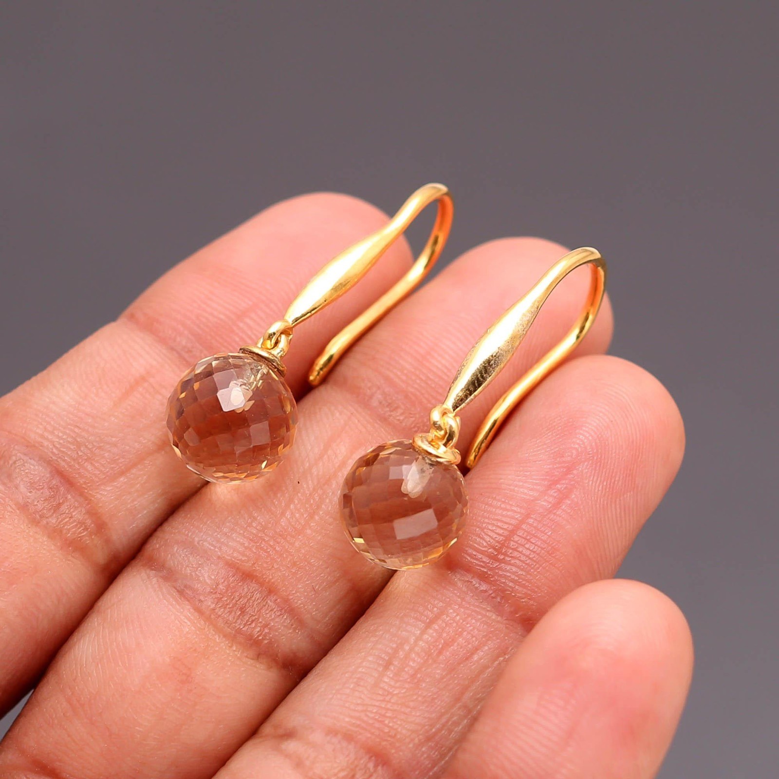 Natural Citrine Quartz Ball Dangle Earring Gold Fill 925 Sterling Silver Jewelry