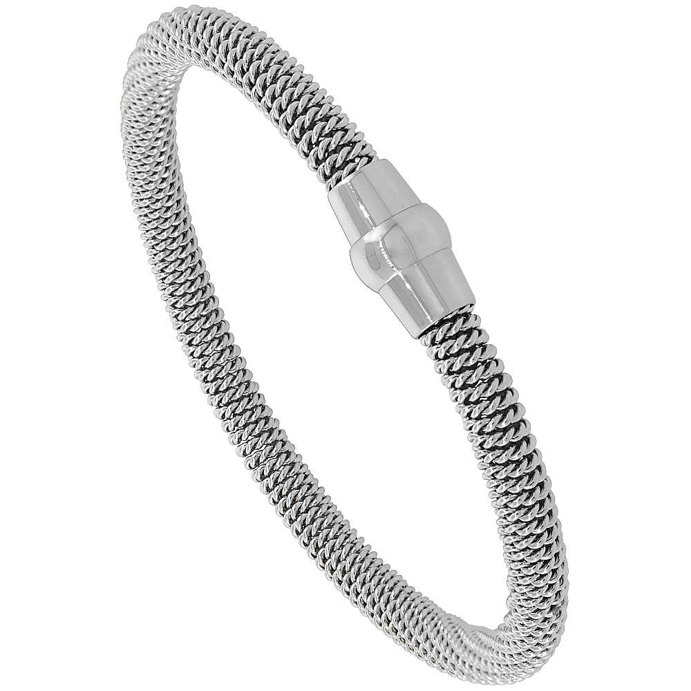 Stainless Steel Mesh Magnetic Clasp Flexible Bracelet, Rhodium Plated