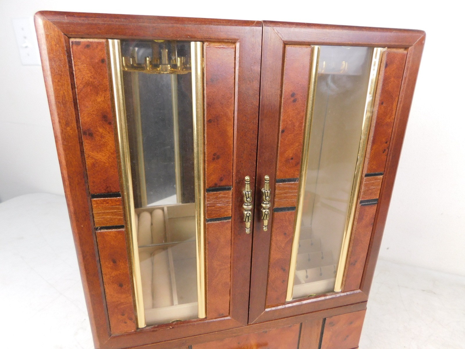 Cute Burl Wood Regency Small Desk Jewelry Cabinet Display Storage Box Table Top