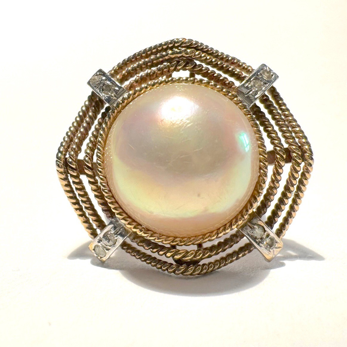 VINTAGE 8 DIAMOND & 12.4MM MABE PEARL 14K GOLD RING