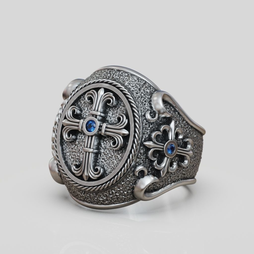 Oxidized Men’s Religious Christianity Cross 925 Sterling Silver Statement Rings