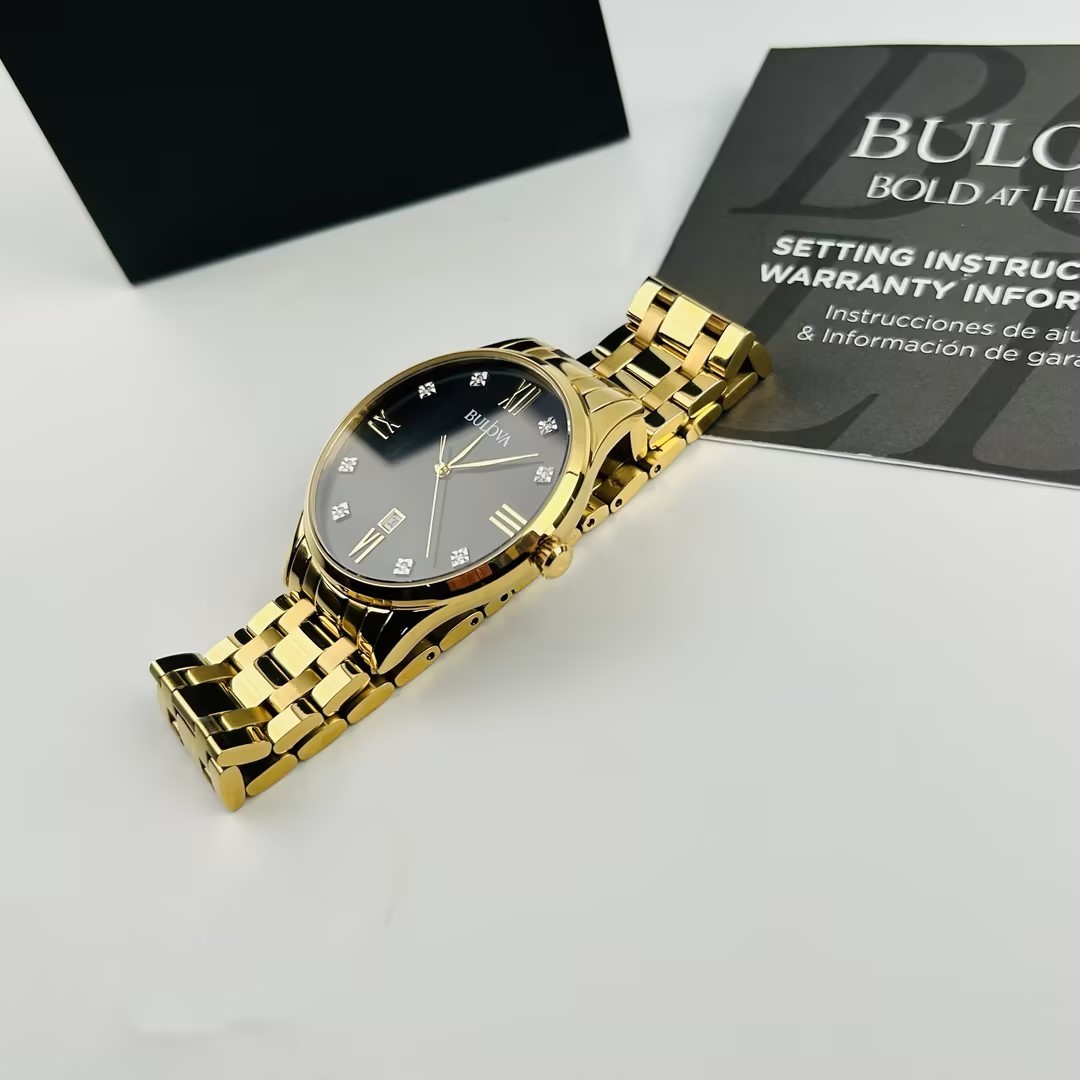 Bulova Classic 97D108 Black Dial Diamond Gold Bracelet Men’s Quartz Watch New