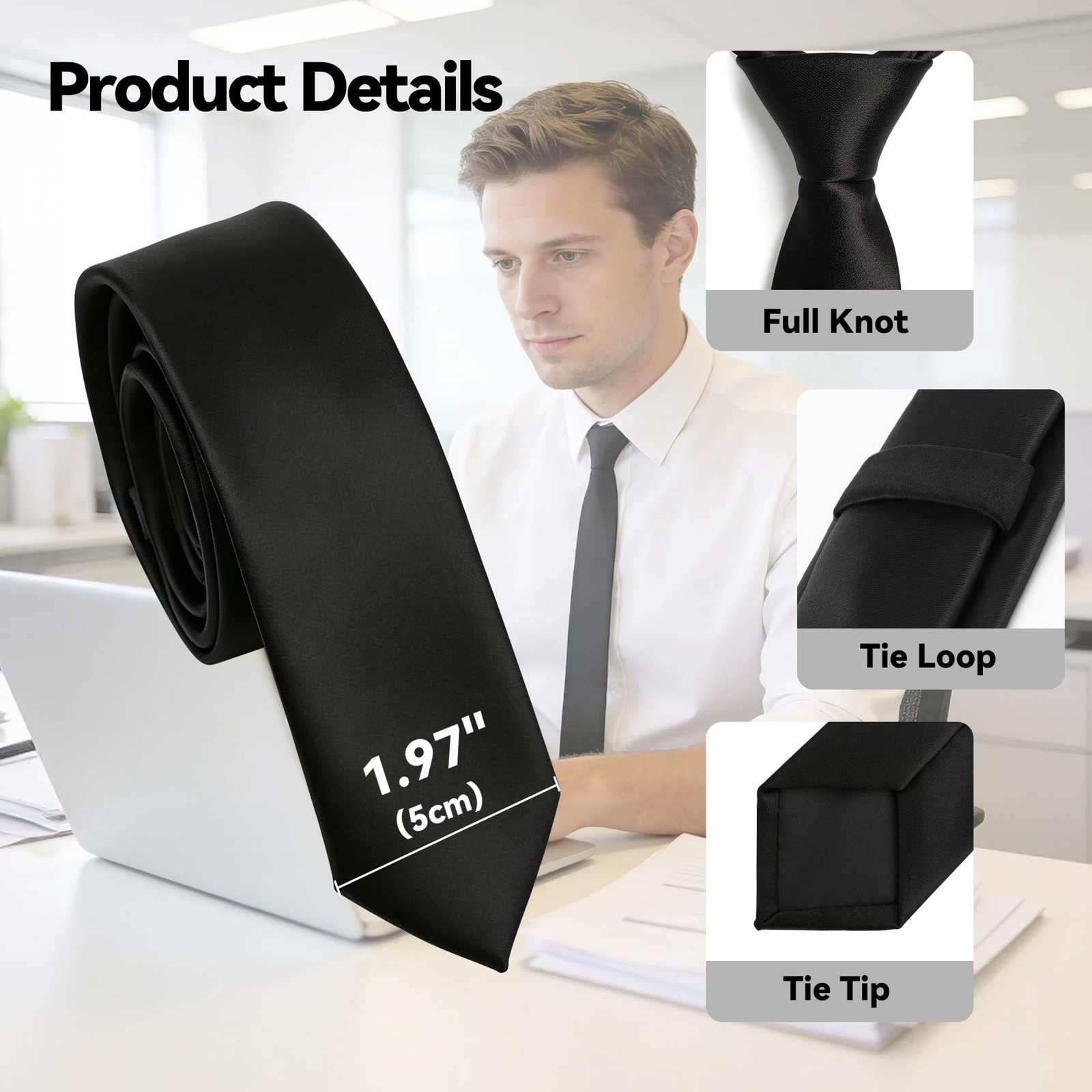 Skinny Tie Men Women 2″ (5CM) Slim Necktie Solid Thin Ties Formal Black