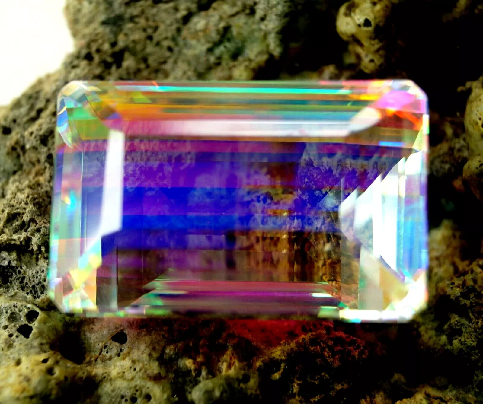 Natural Huge Mystic Topaz 142-145Ct Rainbow Colour EmeraldCut Certified Gemstone