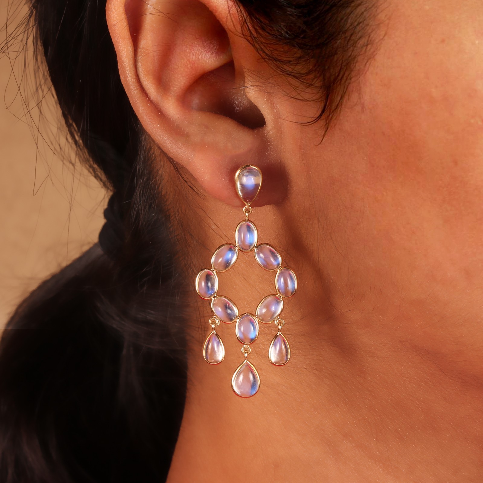 Moonstone Chandelier Earrings 925 Silver Gold Plated Pear Oval Drops Jewelry NEW