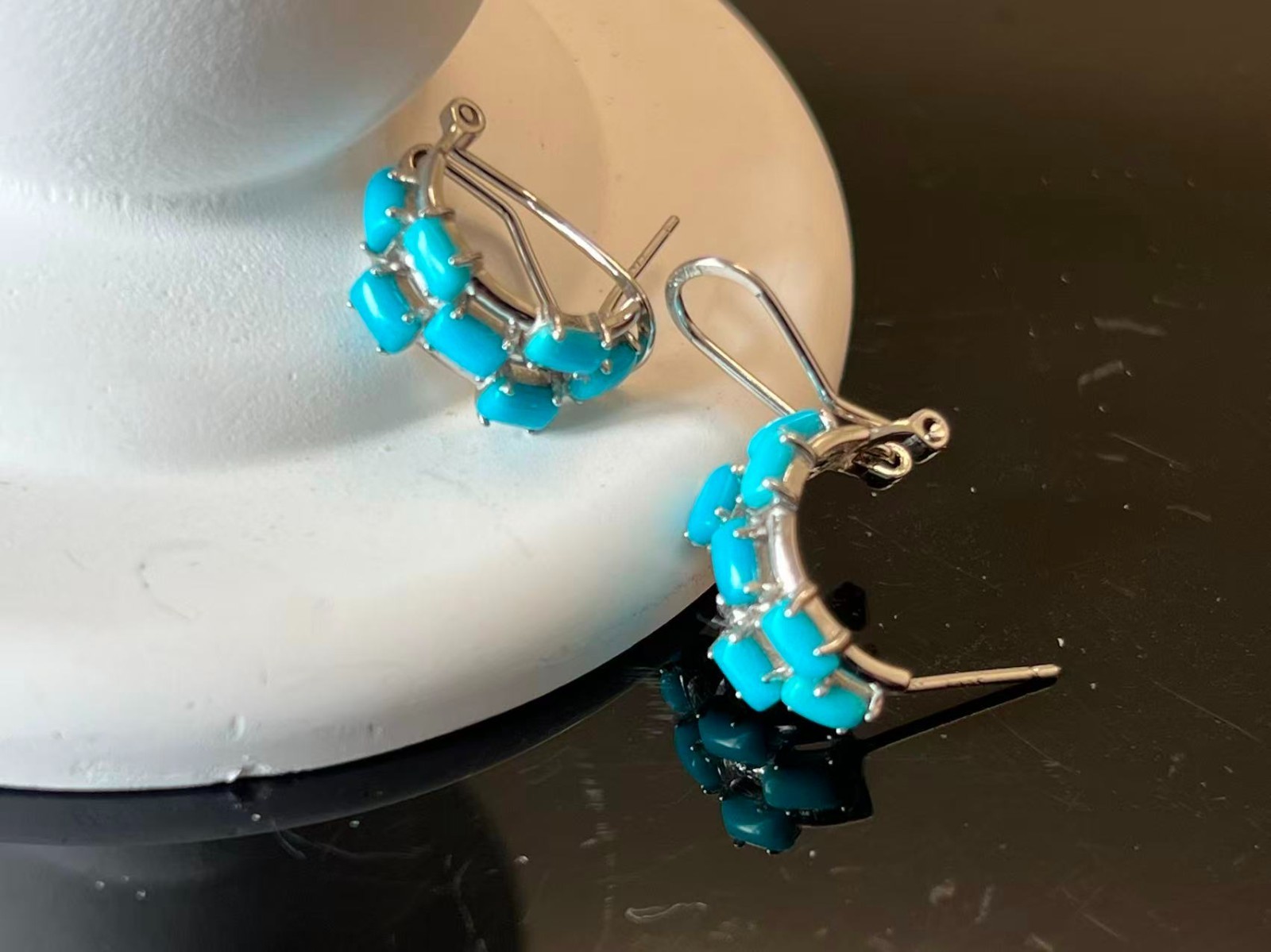 925 Solid Silver 3x4mm Blue Turquoise English Lock Stud 16mm Earrings
