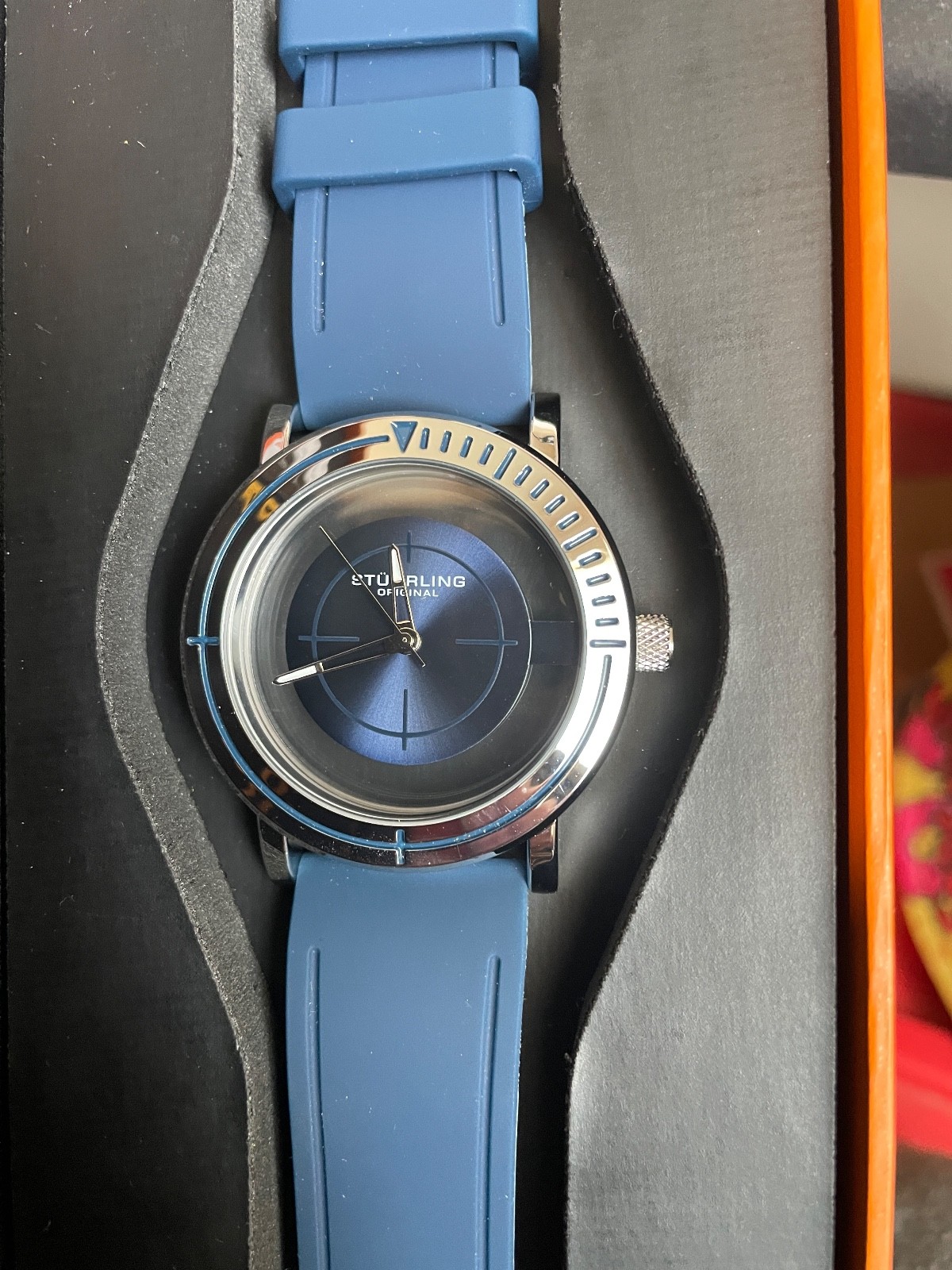 Stuhrling 3915 1 Aviator Quartz Semi Transparent Dial Blue Rubber Mens Watch