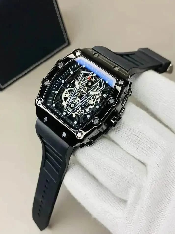 Farray Tonneau Black Skeleton Dial Automatic Watch Rubber Strap Date Box
