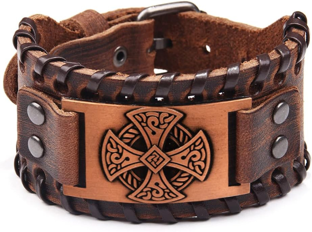 Celtic Solar Cross Bracelet, Leather Cuff Wristband with Irish Charm Amulet