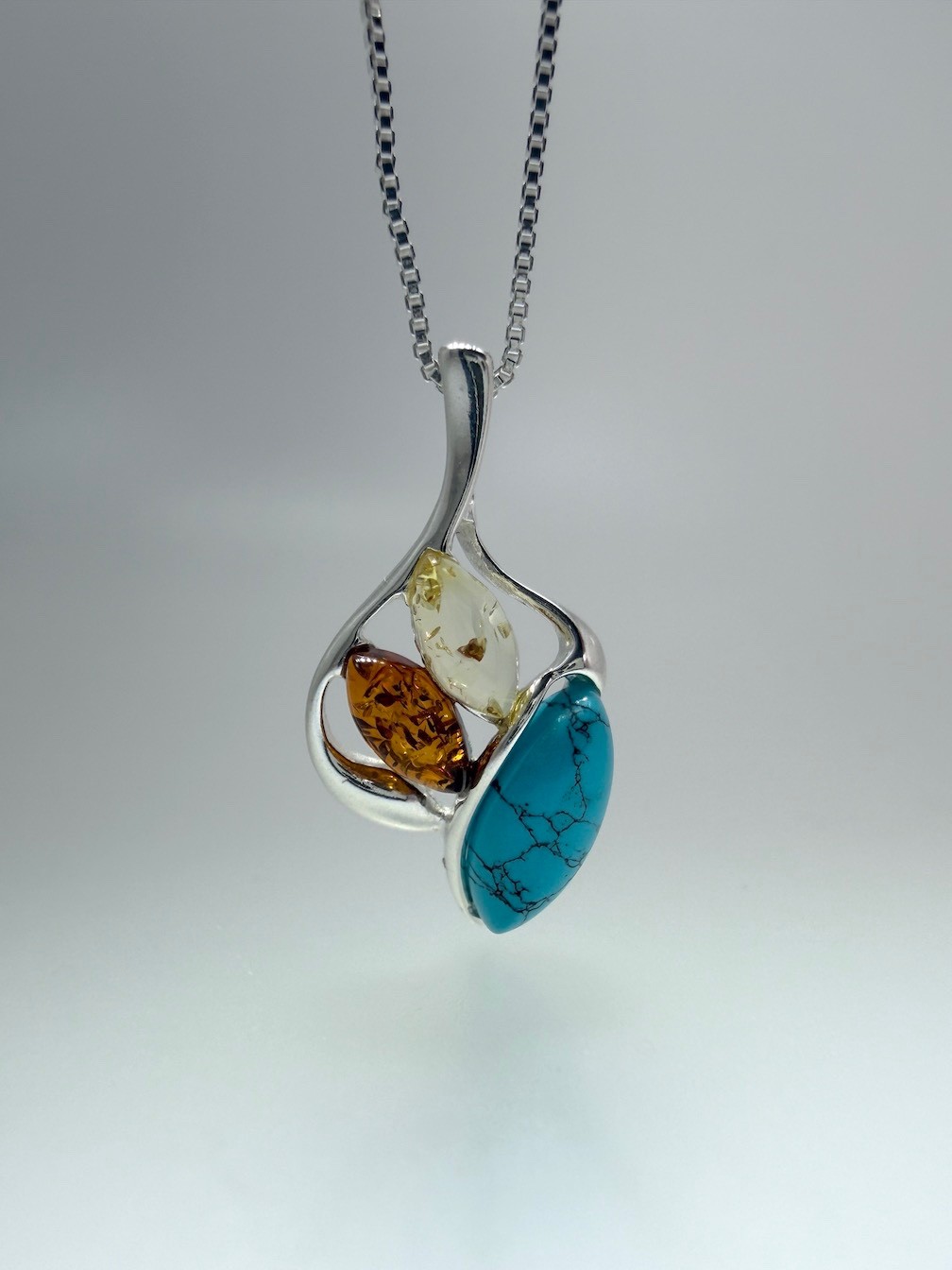 Multicolor Baltic Amber & Turquoise Pendant on Silver Chain