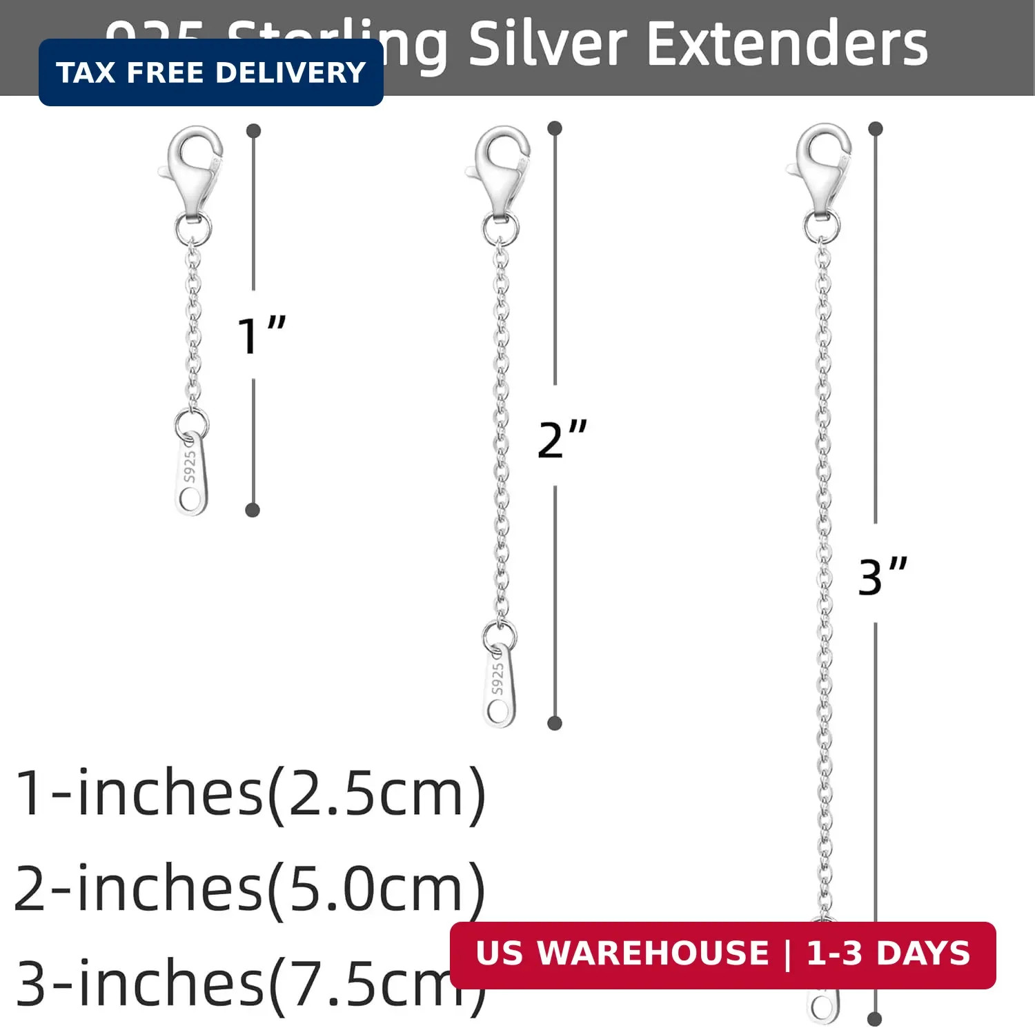 ⛓️ Sterling Silver Necklace Extenders Set – 3 Sizes for Perfect Fit