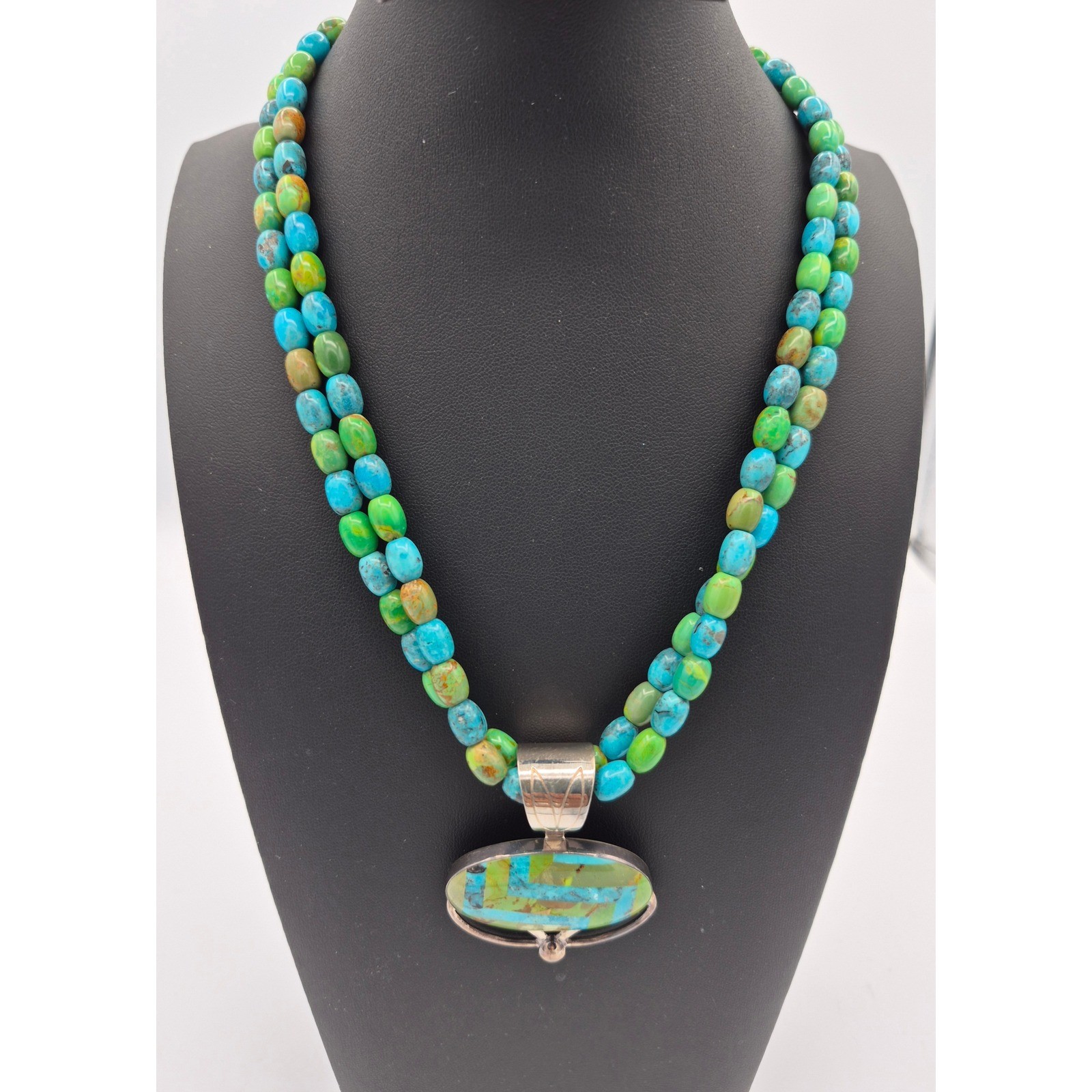 Vintage Jay King Necklace Turquoise Green Mojave Inlay Pendant Double Strand 925