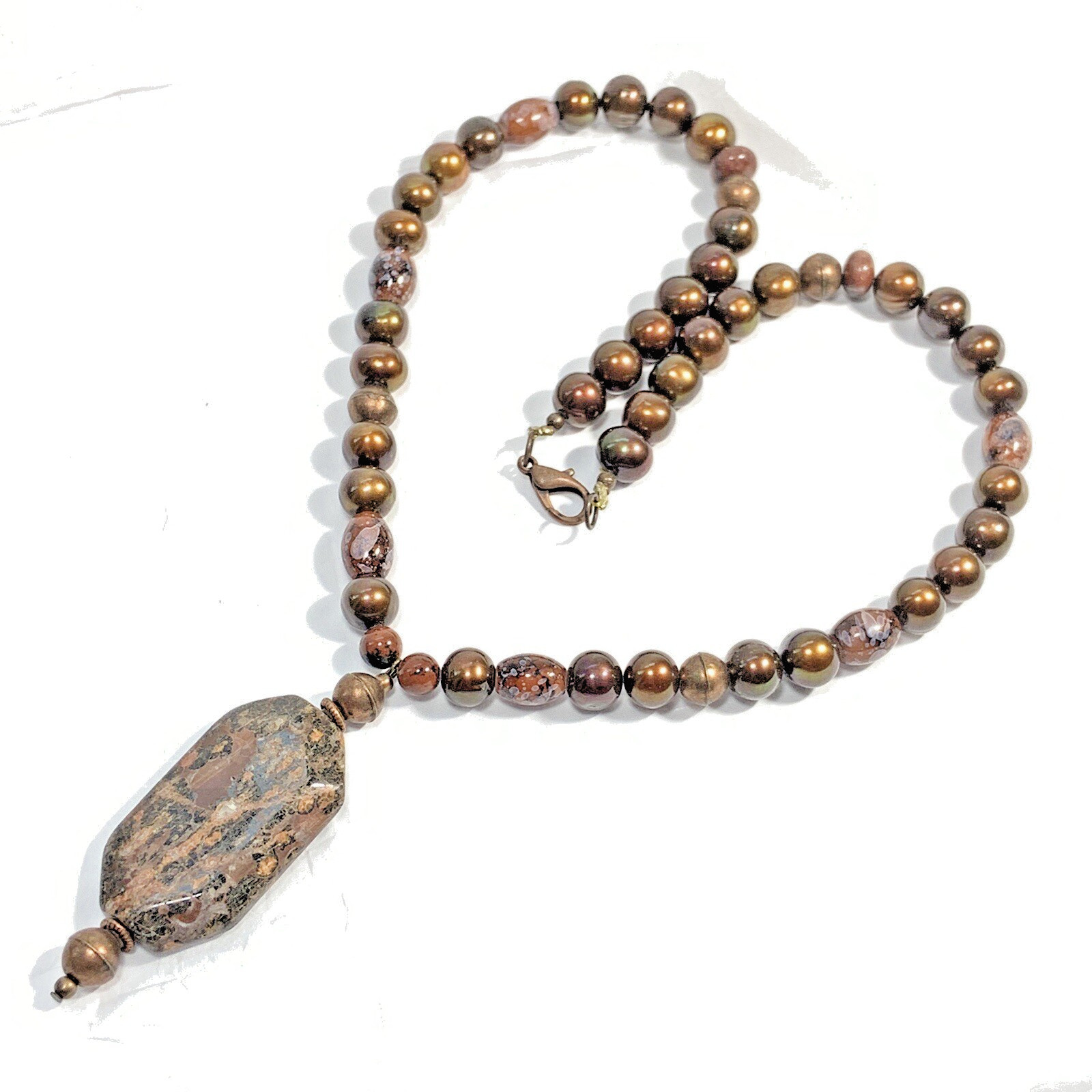 HANDCRAFTED Copper Tone Brown STONE GLASS Bead Necklace METAL Octagon Pendant 18