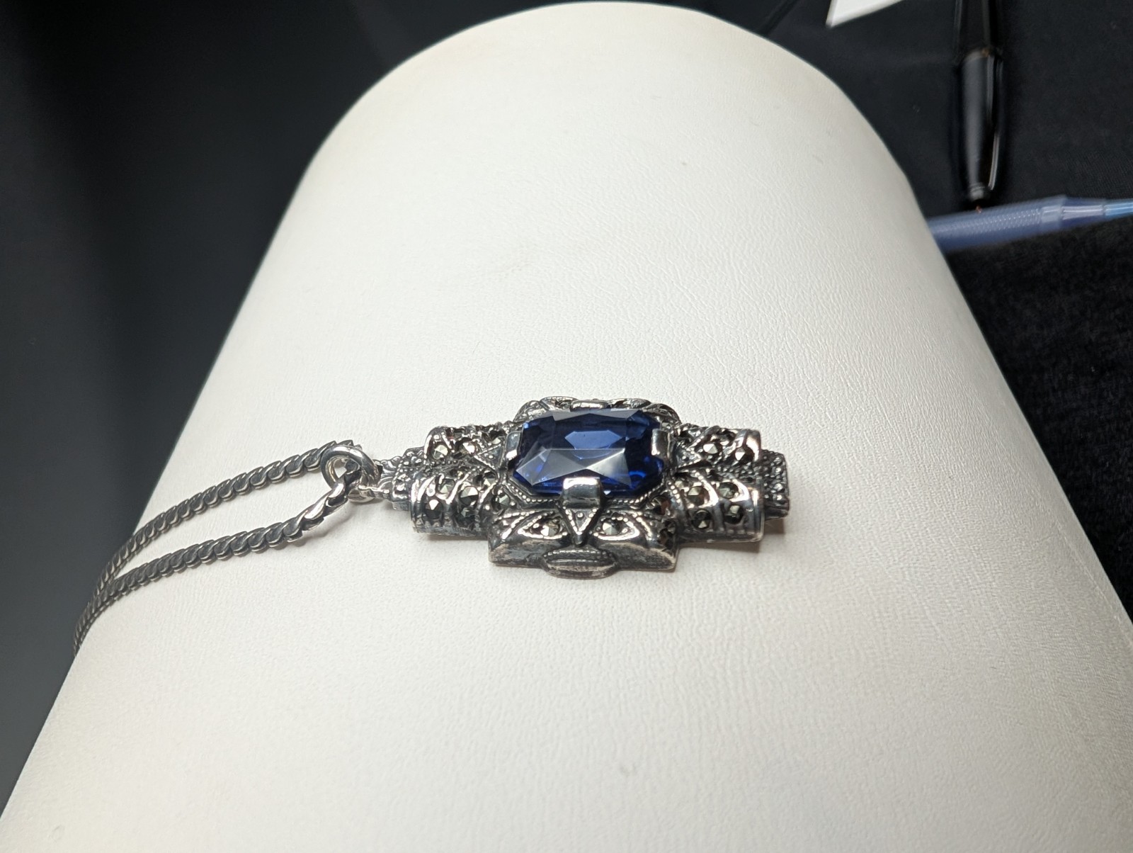 Uncas Manufacturing Sterling Sapphire Marcasite Art Deco Pendant And Chain 925
