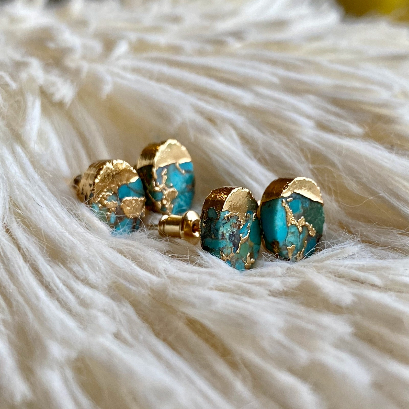 Natural Blue Turquoise Stud Earrings Gold Plated Gemstone Handmade Earrings Gift