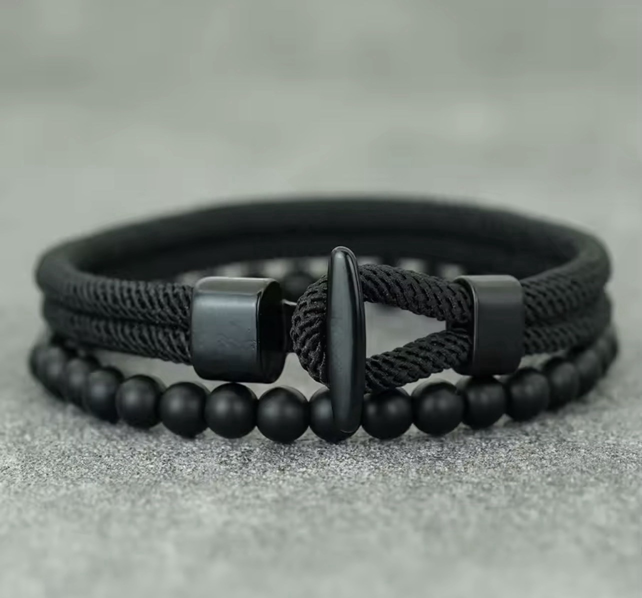 Men’s bracelet set with anchor, 6mm beads, double cord, black color, Rope,20.5cm
